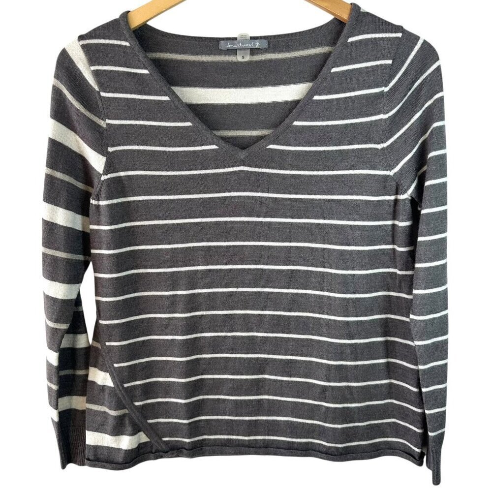 Smartwool Brown Stripe Merino Wool V-Neck Sweater Long Sleeve Top Women's Small
